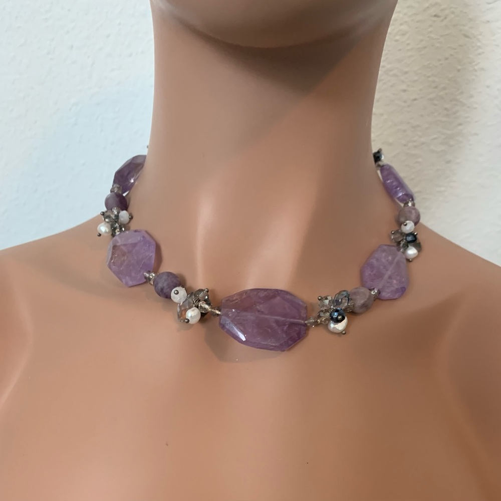 NWT Vintage Raw Amethyst & Mixed Gemstone Sterling Necklace